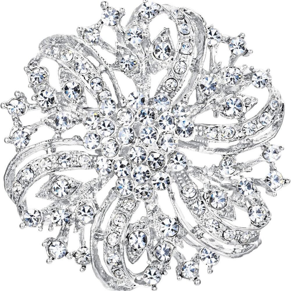 Vintage-Inspired Crystal Floral Brooch Silver Bridal Accessory Gift - Picture 1 of 6